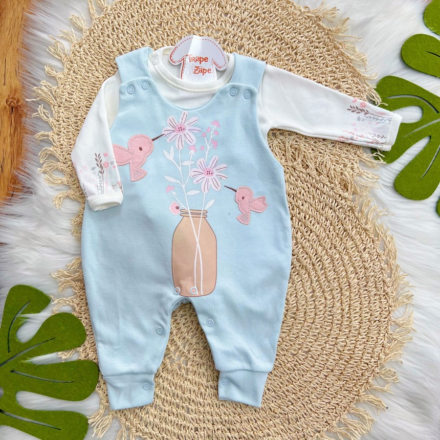 Conj. Body Manga Longa e Jardineira Suedine - Passarinhos - Azul Bebê e Off White